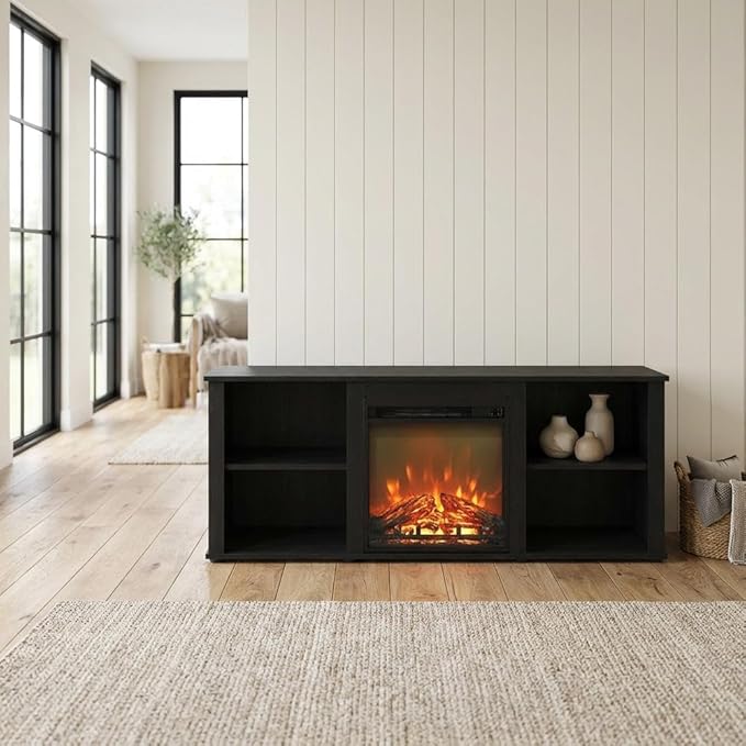 Furnifact Americano Wood TV Stand with Fireplace, Modern Design, Sturdy Construction, Elegant Finish, Suitable for Living Room, Entertainment Center