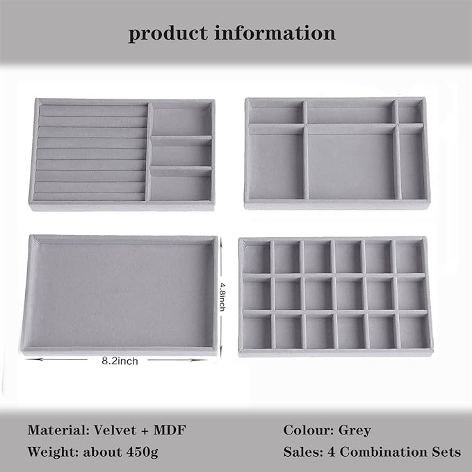 Stackable Jewelry Organizer Trays for Drawer, Set of 4 Velvet Jewelry Drawer Inserts in Dresser, 8in Storage Display Case for Rings Stud Necklaces Accessories(Grey)