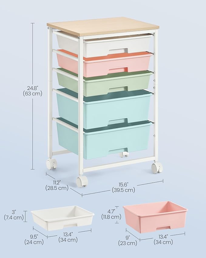 VASAGLE 5-Drawer Rolling Storage Cart, Mobile Organizer Trolley with Wood Top and Metal Frame, for Craft Room, Office, 15.6 x 11.2 x 24.8 inch, Multicolor, BENCO Collection ULRC005X101