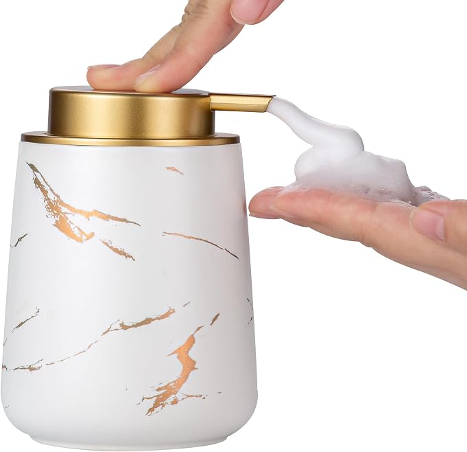 Enra Hand Foaming Gold Soap Dispenser,12 oz Ceramic Foam Soap Dispenser for Bathroom Countertop Kitchen Dispenser for Dish Soap with Easy-to-Press (Gold Foam Type2)
