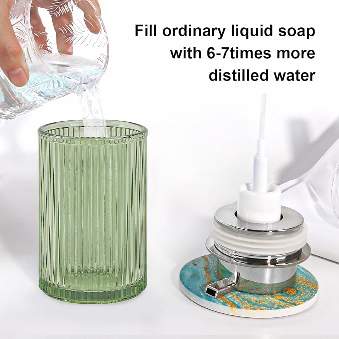 Foaming Soap Dispenser, Bathroom Green Glass Foam Soap Dispenser, Refillable 12 Oz Foam Pump Bottle Container with Silver Pump, Decorative Slim Ribbed Dish Soap Dispenser for Kitchen