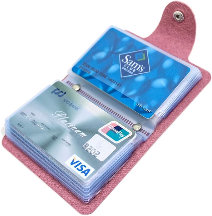 Soft Leather Credit Card Holder for Men & Women Bank Card Case with 24 Durable Plastic Insert Slots Slim Pocket Wallet ID Card Organiser Business Card Case Purse (Pink)