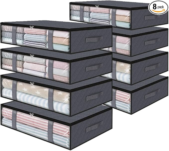 StorageRight Under Bed Storage Bags 8 Pack, 40L Large Clothes & Comforter Storage Containers with Clear Window, Breathable Fabric Organizer for Blankets, Bedding, Seasonal Clothing, Grey