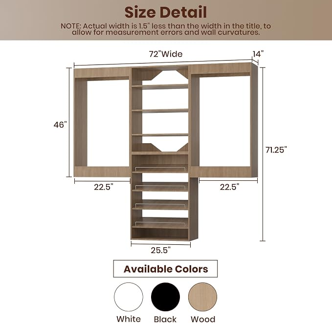 ROOMTEC Modular Closet System, 72" Wall Mounted Closet Organizer with Hanging Rods and Shoe Shelf, Wooden Tower for Walk-In Closets, Wardrobe Storage Kit, Wood