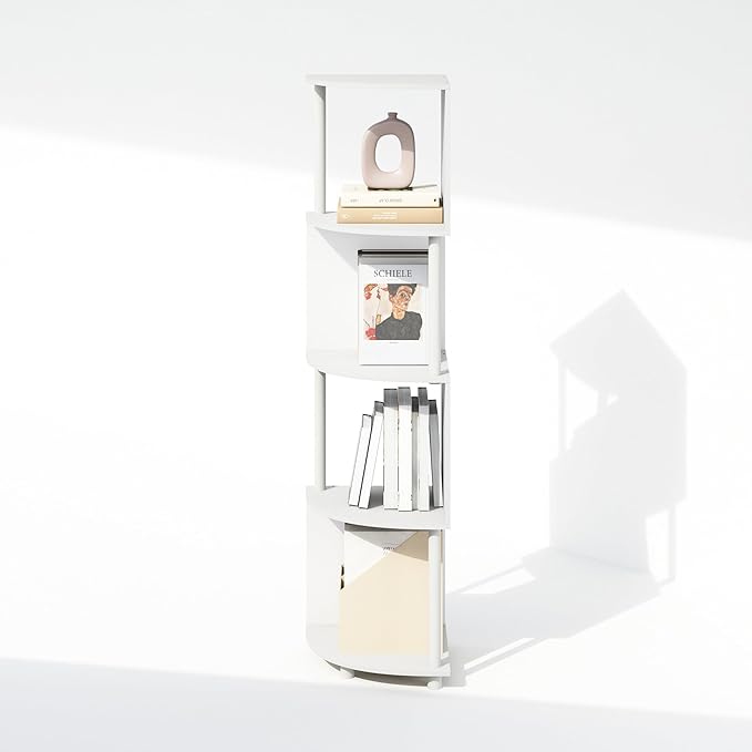 Furinno Basic Book Shelf, 4-Tier Bookshelf, Bookcase with Zigzag Corner Shelf, 14.2 x 14.2 x 57.7, for Living Room, Bedroom, Home Office, White/White
