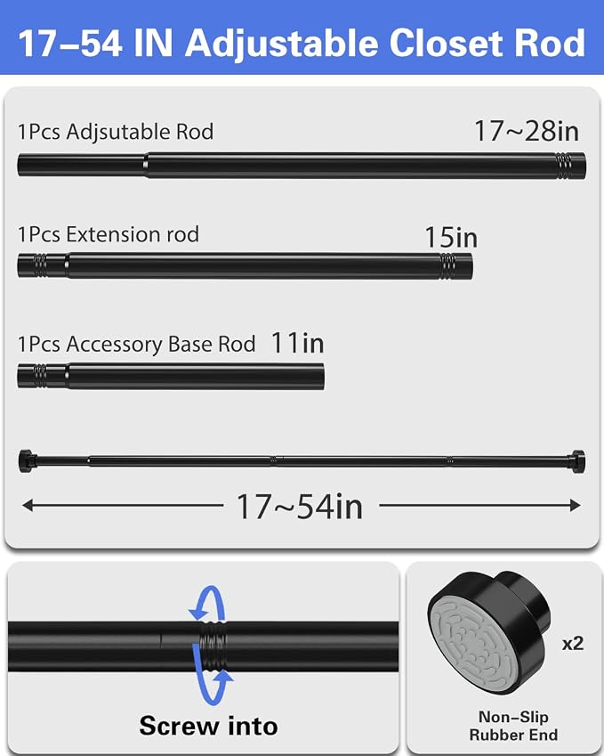 Supforce 2 Pack No Drilling Closet Rods for Hanging Clothes, Non Slip Tension Rod with Heavy Duty Clothes Hanging Rod, 17-54 Inches Adjustable Spring Closet Rod for Closet Wardrobe Bathroom RV, Black