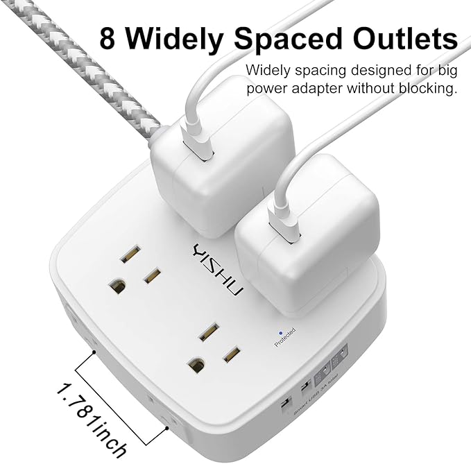 Surge Protector Power Strip - YISHU 8 Outlets with 4 USB (2 USB C) Charging Ports, 5Ft Braided Extension Cord, Flat Plug Multi Plug Outlet Extender Charging Station for Home Office, ETL, White