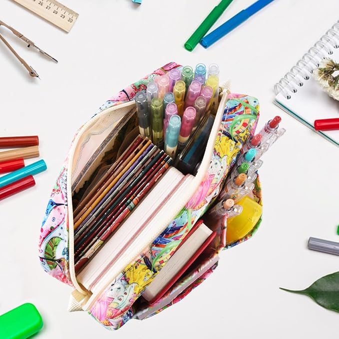 E-WEICHEN Multiple Pockets Portfolio Organizer with Zippered, Makeup Bag Travel Essentials for Women, Simple Waterproof Stationery Pencil Pouch Bag for Journal Office Art Supplies.Flowers and Birds