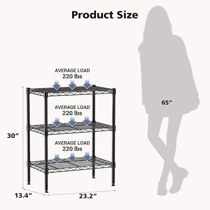 DUMOS 3-Tier Metal Storage Shelves, 23" W Wire Adjustable Standing Storage Rack Shelf, Heavy Duty Steel Shelving Unit Organizers for Kitchen Bathroom Pantry Garage, 23.1" Wx13.4 Dx30 H