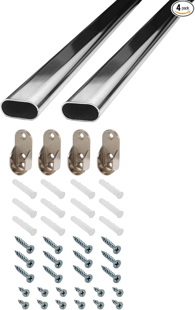 Outwater 30 Inch Steel Oval Closet Rod Kit, 9/16 Inch x 1-3/16 Inch Polished Chrome Heavy Duty Closet Hanging Rod with Metal Brackets, Wall Anchors and Screws, Pack of 2