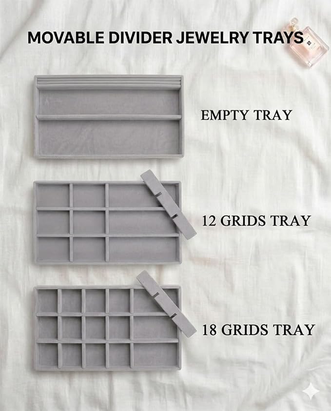 Jewelry Organizer Trays Set of 8,Velvet Jewelry Tray Stackable Storage Drawer Trays for Earring Ring Necklace Jewelry Display Case(8 Set,Gray)