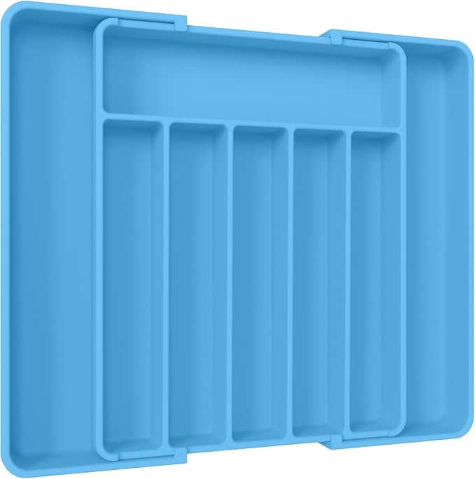 Aujen Silverware Organizer - Expandable Kitchen Drawer Organizer, Adjustable Utensil Organizer, Cutlery Tray for Forks, Knives, Multipurpose Kitchen Organizers and Storage Solution, Dark Blue, Large