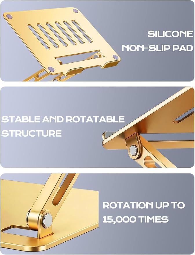LOXP Aluminum Laptop Stand, Adjustable Laptop Stand for Desk Foldable | Portable Laptop Riser, Ergonomic Computer Notebook Holder for Desk, Office Desk Accessories (10-15.6'') - Gold