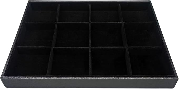 Large Velvet Jewelry Tray, Drawer Organizer for Jewelry in Dresser, Stackable Jewelry Drawer Organizer Inserts for Earring Necklace Bracelet Rings(Black,12grid)