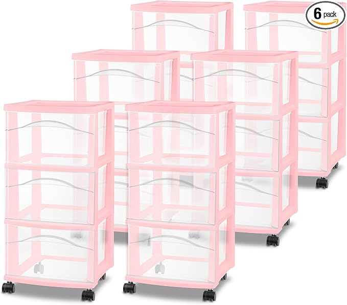 Sterilite 6 Pack 3 Drawer Storage Cart, Plastic Rolling Organization, Pink | Clear Plastic Organizer Drawers with Wheels for Craft Supplies, Bath Essentials, or Home Accessories
