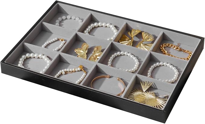 Large Jewelry Organizer Tray 2 Pack, Stackable Jewelry Storage Holder for Drawer Inserts, PU Leather Velvet Jewellery Display Case for Earring Bracelet Necklace Ring (Black Gray, 12 Grids)