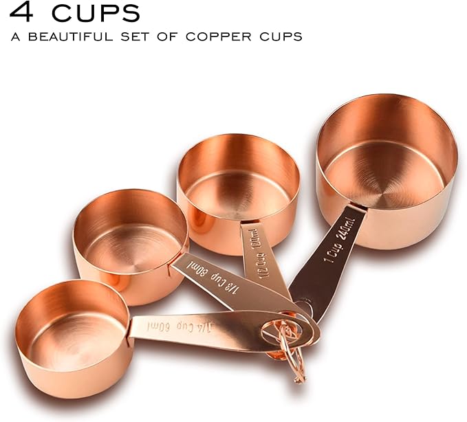 Measuring Cups and Spoons Set of 9, Utensils for Dry and Liquid Ingredients, Copper Kitchen Accessories, Rose Copper Decor for Home, Stackable, Sturdy Stainless Steel (GoldRose)