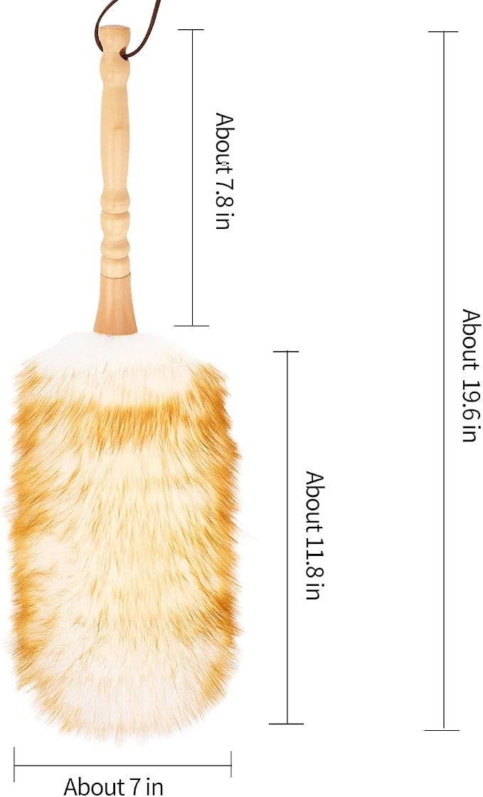 Lambswool Duster with Solid Wooden Handle,Leather Hang Strap,Comfortable Grips 19.6 inch Long Natural Feathers Dusters for Cleaning Wall Plant Desk Blind Cleaner Duster Tool
