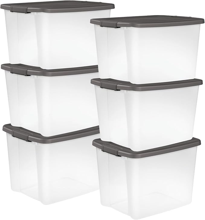 Sterilite 6-Pack ShelfTote, Clear Plastic Storage Bins with Lids, 50 Quart, Gray - Stackable Organizing Container Boxes for Closet, Bathroom, and Office