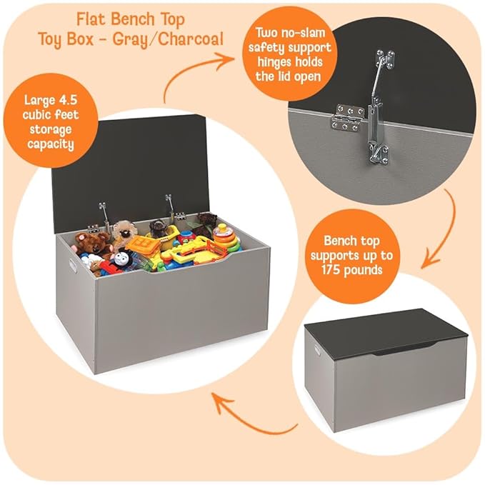 Badger Basket Flat-Top Toy Storage Chest in Grey with Charcoal Lid– Spacious, Safe Toy Box with Dual Safety Hinges and Anti-Pinch Slot