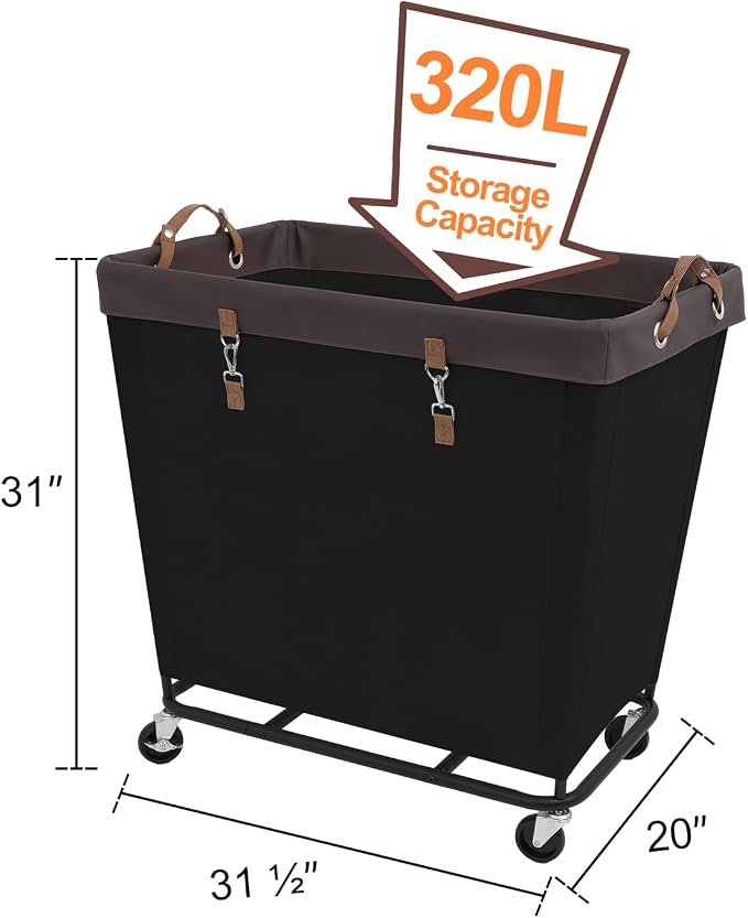 StorageWorks Laundry Basket with Wheels for Clothes, 320L Black Hamper Cart