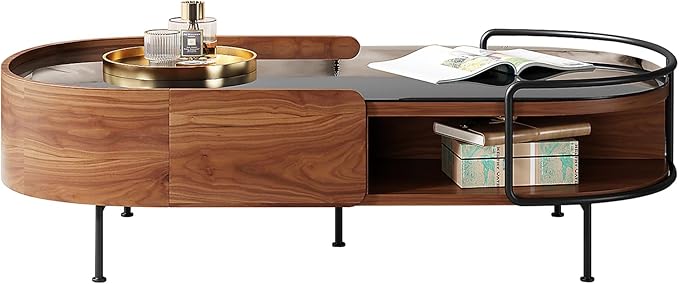 Lartis Oval Coffee Table in Walnut Black Glass Top Coffee Table - Living Room Table with Semi-Circular Storage,Multi Functional Marvel for Modern Living Room