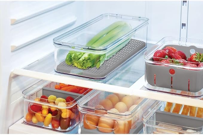 iDesign Crisp Produce Plastic Refrigerator and Modular Stacking Pantry Bin with Lid and Removable Inner Basket, Perfect for Washing Vegetables, Fruit, Lettuce, BPA Free 15.72" x 6.32" x 3.76" | Drain Tray, For Fruits & Veggies, Clear
