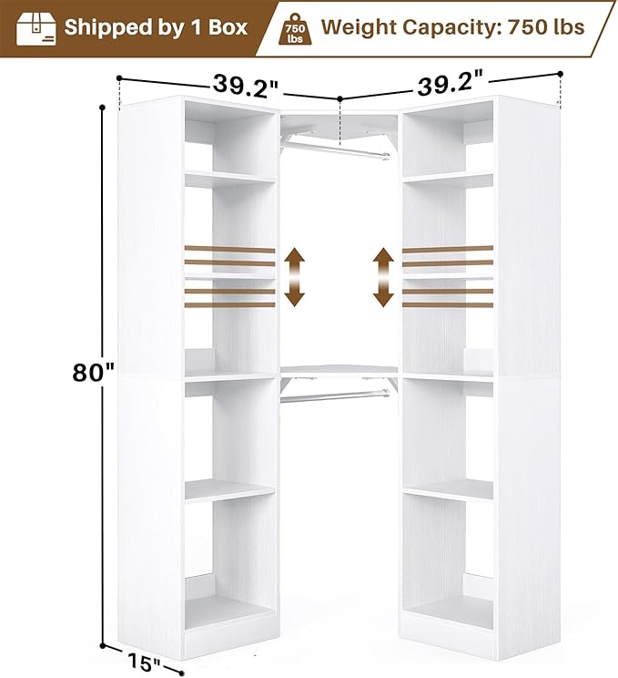 Besiost Corner Closet System with 12 Shelves, 39.2" Corner Closet Organizer System with 2 Hanging Rods, Versatile 6-Tier Walk-in Closets for Corner Space, White (39.2" L x 39.2" W x 80" H)