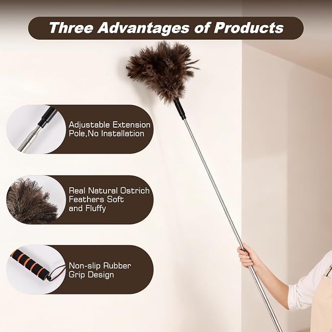 Extendable Ostrich Feather Duster 26-55 Inch, Natural Cleaning Duster with Sponge Grip and Stainless Steel Extension Pole Reusable for High Ceilings, Fans, Blinds, Furniture, Interior & Roof Dusting.