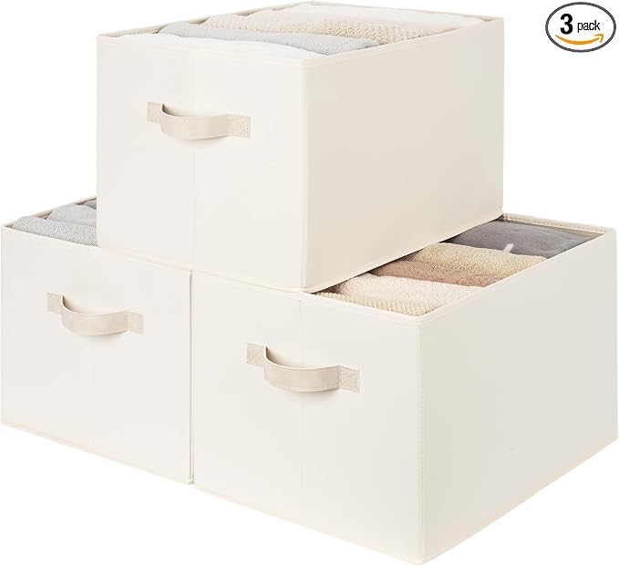 StorageWorks Fabric Closet Organizers and Storage Bin, Foldable Shelf Baskets for Organization and Storage, Beige, 3-Pack, Extra Large