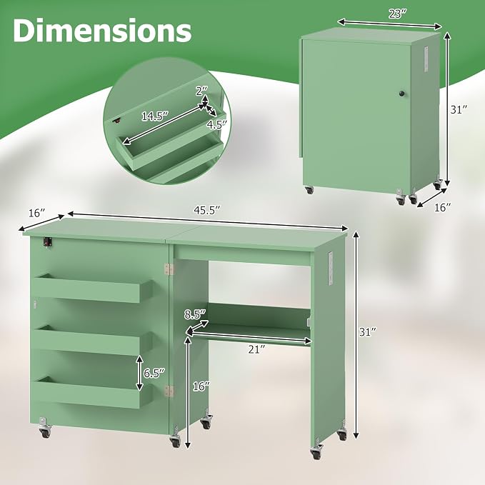 Giantex Folding Sewing Table with Charging Station, Storage Trays & Shelf | Rolling Craft Table with Lockable Wheels, Foldable Sewing Machine Cabinet Desk for Small Spaces, Dorms, Sage
