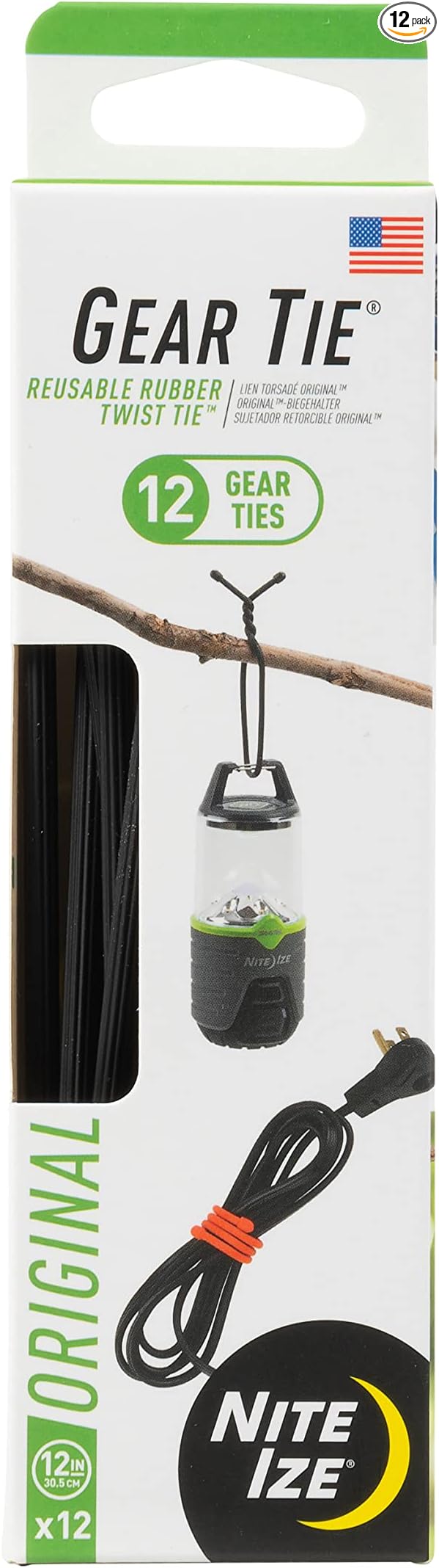 Nite Ize Gear Tie Original ProPacks - Reusable Rubber Twist Ties for Indoor & Outdoor Use - Bendable Wire Interior - Durable Rubber Exterior - Secure Grip - Black, 12" (12 Pack)