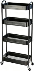 4 Tier Slim Storage Cart with Wheels for Laundry Room Between Washer and Dryer, 7.1'' Narrow Rolling Cart with Wheels and Lockable Casters, Metal Thin Standing Shelf for Small Space, Black
