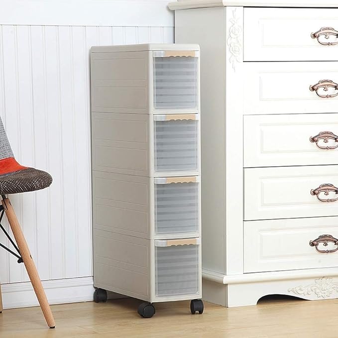 Storage Bins Sleeve Storage Cabinet, Narrow Cabinet Drawer Plastic Kitchen Locker Bathroom Bathroom Slot Rack(Khaki,3 layers)