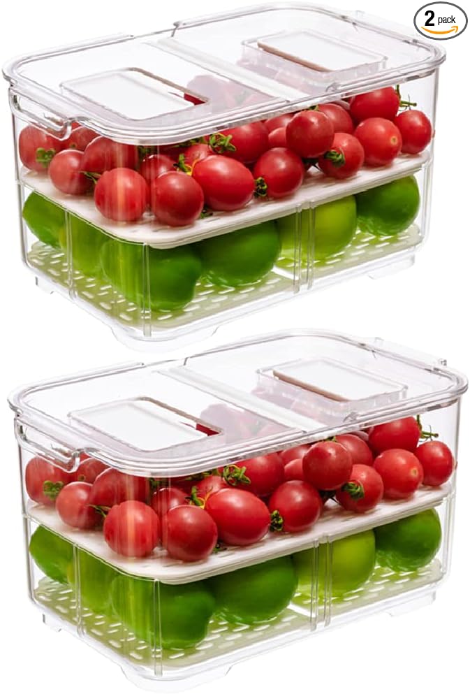 Slideep Food Storage Containers Fridge Produce Saver, Stackable Refrigerator Organizer Keeper Foldable lid with Removable Drain Tray for Produce, Fruits, Vegetables 5700 ml - 2 Pack