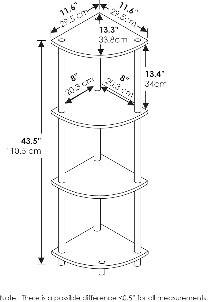 Furinno Turn-N-Tube Toolless Assembly 4-Tier Corner Shelf, Rustic Brown Corner Book Shelf, Open Shelves Bookshelf, for Organization and Storage, Living Room, Home Office, Bedroom, Amber Oak