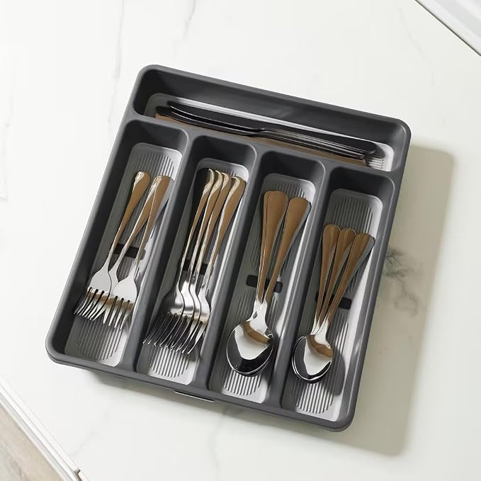 shopwithgreen Silverware Organizer with Cutlery Icons，Silverware Tray for Kitchen Drawer，Plastic Flatware Drawer Organizer Utensil Organizer with Non-slip TPR Linings，5-Compartment Silverware Caddy