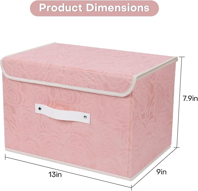 ANMINY Fabric Storage Bin with Lid Rose Print Storage Box Basket with PU Leather Handles Washable PP Plastic Board Decorative Foldable Lidded Shelf Closet Organizer Container - Pink, Medium