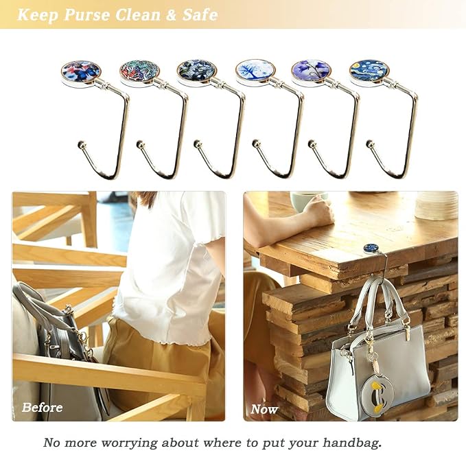 AUHOKY 6Pcs Portable Purse Hook Handbag Hanger for Table, Fashionable Long Handbag Bag Holder Under Counter, Christmas Stocking Holders Mantel Hooks for Women Girls Bags Storage(6 Vintage Patterns)