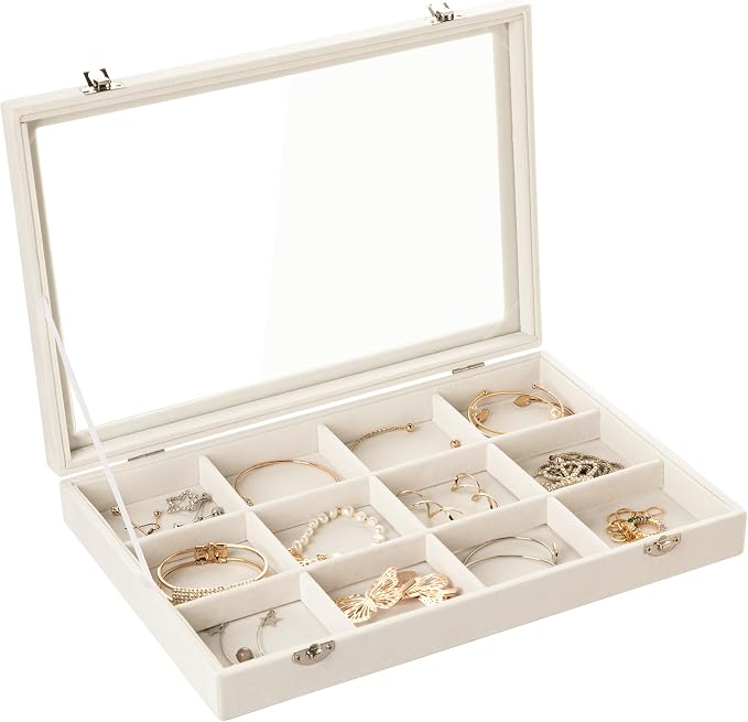 Frebeauty 12 Grid Bracelet Holder Box,Velvet Jewelry Tray with Clear Lid | Real Glass Lid,Bracelet Display,Jewelry Organizer for Bangle Brooch,Adjustable Divider,Dustproof Design,13.8×9.5Inches