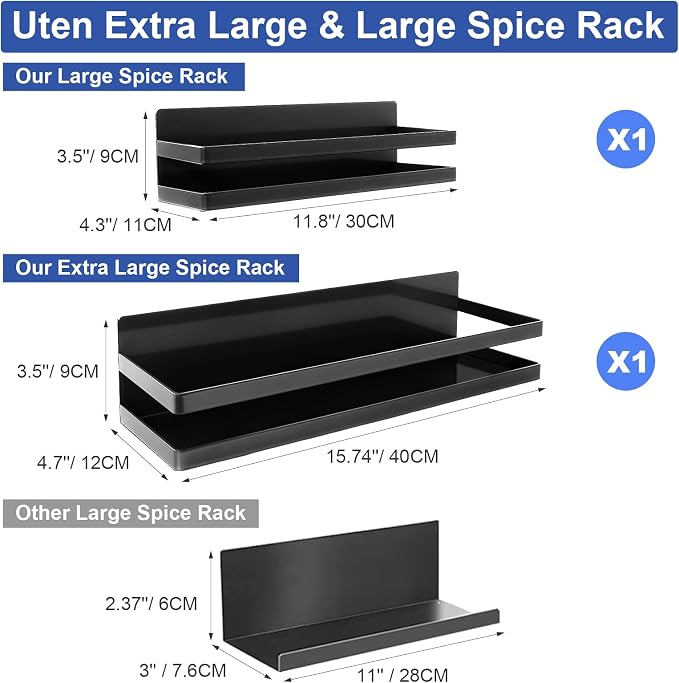 Uten Large Magnetic Spice Rack for Refrigerator 2 Pack, Spice Organizer | Strong Heavy Duty Metal Magnetic Schelves, Capacity of up to 23lbs, Muti-Use, 16"*4.5" and 12"*4", Black