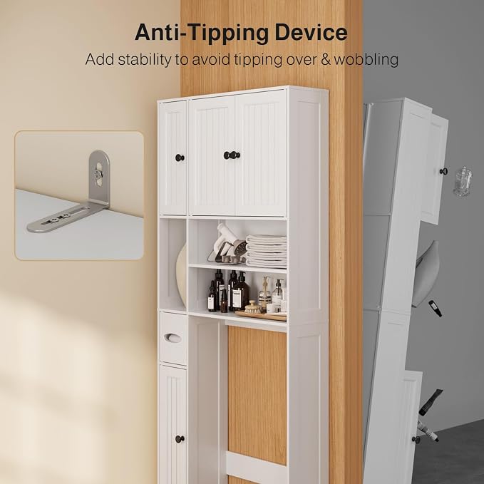 Ahomly Over The Toilet Storage Cabinet, with Five Doors, White | Over Toilet Bathroom Organizer with Adjustable Shelves, Above Toilet Storage Cabinet for Bathroom, Restroom, Laundry