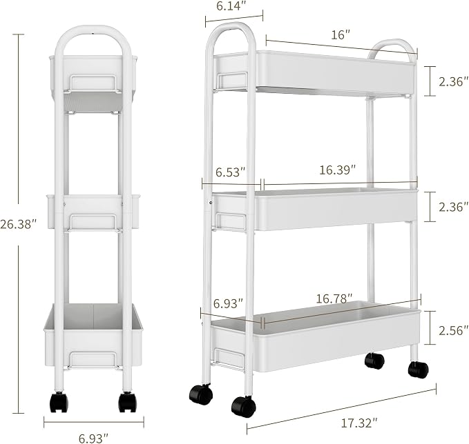 Slim Rolling Cart, Metal Frame Utility Rolling 3-Tier Narrow Storage Cart with Handle Kitchen Storage Organizer, Mobile Shelving Unit for Bathroom Kitchen