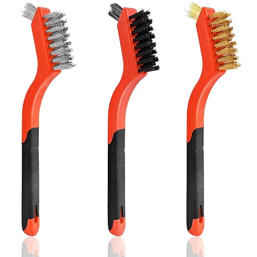 3PCS Wire Brushes for Cleaning Rust, Nylon, Brass & StainlessSteel Bristles | Upgrade Wire Brush Set with Curved Handle Grip for Paint, Rust & Stain Removal, 7-Inch Small Metal Wire Brushes