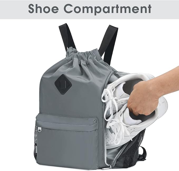 WANDF Drawstring Backpack with Shoe Compartment, Sports Gym Bag | Multi-Pocket Storage, Water-Resistant Fabric, Cinch String Bag