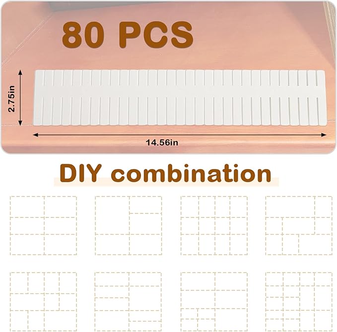 Vesici 80 Pcs Drawer Dividers Adjustable Plastic Organizer DIY Separators Storage Dividers for Socks, Underwear, Makeup, Tidy Kitchen, Bedroom, Dresser(White)