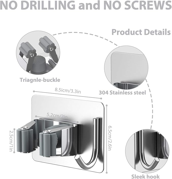 homeasy Mop Broom Holder No Drill, Mop Broom Organizer Wall Mounted Heavy Duty with Hooks Hanger, Self Adhesive Stainless Steel 4Pcs for Bathroom, Kitchen, Office (Silver)