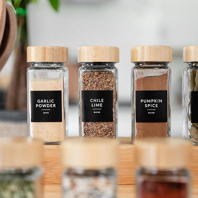 Square Spice Jar Labels Stickers, 374 Preprinted Waterproof Spice Labels for Glass Jars Bottles, Herbs Seasonings Label Only, Kitchen Pantry Organization