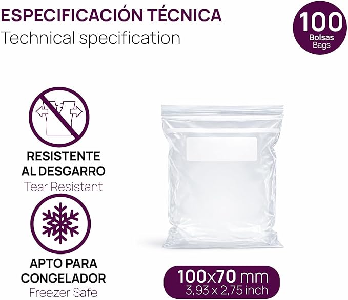 Ofituria Transparent Zip Bags 100 x 70 mm with Airtight Seal, Zip Bags for Food, Snacks, Freezing as well as Kitchen and Travel Organisation - Ofituria (100 Bags)