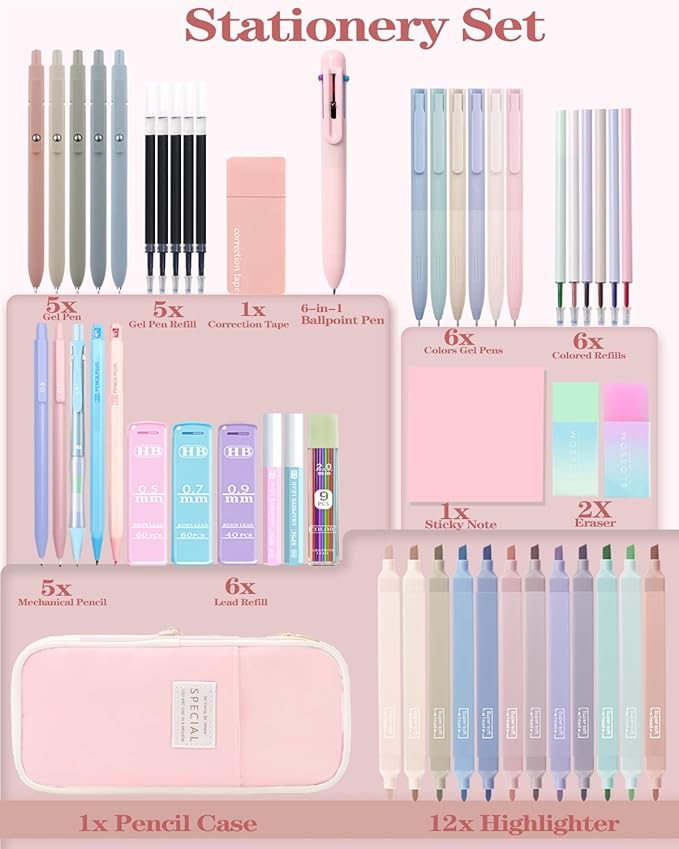 54Pcs Aesthetic School Supplies Set with Large Pastel Pencil Case 12 Dual Tip Highlighters, 6 Gel Pens, 5 Black Pens, 5 Mechanical Pencils (0.5-2.0mm) for Students Stationary College Essentials Gifts